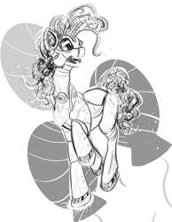 Size: 1008x1298 | Tagged: safe, artist:testostepone, character:pinkie pie, species:pony, female, grayscale, mare, monochrome, pinkie bot, robot, robot pony, roboticization, simple background, solo, white background