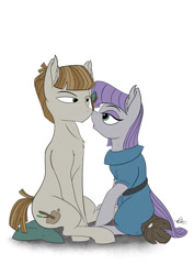 Size: 905x1280 | Tagged: safe, artist:cafecomponeis, character:boulder, character:maud pie, character:mudbriar, species:earth pony, species:pony, newbie artist training grounds, ship:maudbriar, atg 2018, boop, female, looking at each other, male, noseboop, shipping, signature, simple background, sitting, straight, twiggy (pet), white background