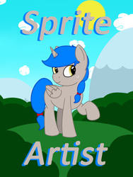 Size: 900x1200 | Tagged: safe, artist:spritepony, oc, oc only, oc:sprite, species:alicorn, species:pony, alicorn oc, badge, bush, cloud, convention badge, hill, solo, standing, text