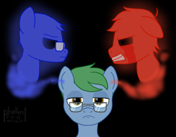 Size: 1438x1124 | Tagged: safe, artist:phallen1, oc, oc only, oc:software patch, species:earth pony, species:pony, newbie artist training grounds, atg 2018, bags under eyes, black background, glasses, inner conflict, metaphor, simple background, split personality