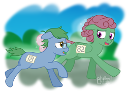 Size: 1132x810 | Tagged: safe, artist:phallen1, oc, oc only, oc:software patch, oc:windcatcher, species:earth pony, species:pegasus, species:pony, newbie artist training grounds, atg 2018, glasses, looking at each other, running, side by side, simple background, smiling, sweat, transparent background