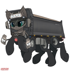Size: 1390x1413 | Tagged: safe, artist:orang111, species:pony, cheek fluff, chest fluff, dump truck, ear fluff, fluffy, frown, leg fluff, lidded eyes, mercedes, mercedes-benz, mercedes-benz arocs, multiple legs, object pony, original species, ponified, simple background, sleipnir, truck pony, wat, what has science done, white background, wtf