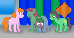 Size: 1500x778 | Tagged: safe, artist:phallen1, oc, oc only, oc:maya northwind, oc:sadie michaels, oc:software patch, oc:windcatcher, species:earth pony, species:pegasus, species:pony, species:unicorn, newbie artist training grounds, atg 2018, blushing, blushing profusely, conversation, eyes closed, foreleg around shoulder, glasses, grin, patch, smiling, windpatch