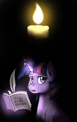 Size: 800x1257 | Tagged: safe, artist:whitepone, character:twilight sparkle, fanfic:a fleeting light in the darkness, a fleet|ng light |n the darkness, black background, book, candle, fanfic art, quill, simple background