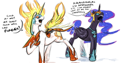Size: 1822x939 | Tagged: safe, artist:testostepone, character:daybreaker, character:nightmare moon, character:princess celestia, character:princess luna, species:alicorn, species:pony, accessory swap, angry, dialogue, duo, eyes closed, eyeshadow, female, helmet, insult, makeup, mare, mocking, open mouth, sharp teeth, simple background, smiling, smug, speech bubble, spread wings, talking, teeth, tongue out, white background, wings