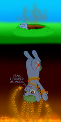 Size: 1000x2000 | Tagged: safe, artist:phallen1, derpibooru original, oc, oc:software patch, species:pony, newbie artist training grounds, atg 2018, chains, crater, damnation, death, hell, hooks, obvious, solo, soul, this ended in death