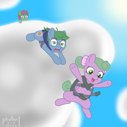 Size: 1500x1500 | Tagged: safe, artist:phallen1, oc, oc only, oc:nimbus (phallen1), oc:software patch, oc:windcatcher, newbie artist training grounds, atg 2018, cloud, danger, female, filly, hoof over mouth, jumping, parachute, rescue, sky, skydiving, windpatch