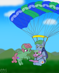 Size: 1500x1855 | Tagged: safe, artist:phallen1, oc, oc only, oc:nimbus (phallen1), oc:software patch, oc:windcatcher, species:earth pony, species:pegasus, species:pony, newbie artist training grounds, atg 2018, cloud, crying, falling, female, filly, holding a pony, parachute, sky, skydiving, smiling