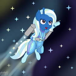 Size: 1500x1500 | Tagged: safe, artist:phallen1, character:trixie, alien pony, newbie artist training grounds, alien, alternate color palette, alternate universe, atg 2018, bicorn, bodysuit, boots, female, flying, harness, hoof gloves, jetpack, original species, ray gun, shoes, space, space pony, tack, wingding eyes