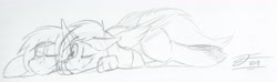 Size: 5000x1487 | Tagged: safe, artist:fleet-wing, oc, oc:fleet wing, oc:neutrino burst, species:hippogriff, species:pegasus, species:pony, black and white, cuddling, gay, grayscale, lying down, male, monochrome, shipping, sketch, traditional art