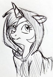 Size: 1554x2235 | Tagged: safe, artist:smirk, character:lyra heartstrings, species:pony, species:unicorn, bust, clothing, dig the swell hoodie, female, grayscale, hoodie, monochrome, portrait, sketch, solo, traditional art