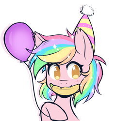 Size: 1105x1145 | Tagged: safe, artist:higgly-chan, oc, oc only, oc:paper stars, species:bat pony, species:pony, balloon, banana, bat pony oc, clothing, female, food, hat, mare, mouth hold, party hat, rainbow hair, simple background, solo, white background