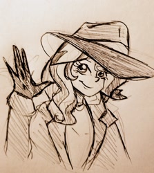 Size: 1429x1602 | Tagged: safe, artist:smirk, character:sunset shimmer, carmen sandiego, monochrome, traditional art