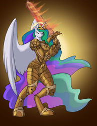 Size: 700x906 | Tagged: safe, artist:foxenawolf, character:princess celestia, species:alicorn, species:anthro, species:pony, species:unguligrade anthro, armor, crossover, empress, ethereal mane, female, fire, flaming sword, flowing mane, flowing tail, god empress of ponykind, god-emperor of mankind, gradient background, halo, horn, mare, multicolored hair, power armor, powered exoskeleton, praise the sun, purple eyes, royalty, solo, sword, terminator armor, warhammer (game), warhammer 40k, warrior, warrior celestia, weapon, wings