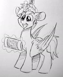 Size: 1554x1907 | Tagged: safe, artist:smirk, character:button mash, species:alicorn, species:pony, alicornified, buttoncorn, clothing, glowing horn, hat, lineart, magic, monochrome, propeller hat, race swap, telekinesis, traditional art