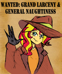 Size: 1500x1777 | Tagged: safe, artist:smirk, artist:sweetai belle, edit, character:sunset shimmer, carmen sandiego, clothing, coat, color edit, colored, female, hat, wanted poster