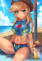 Size: 800x1164 | Tagged: safe, artist:tzc, character:applejack, equestria girls:forgotten friendship, g4, my little pony: equestria girls, my little pony:equestria girls, anime, beach, belly button, big breasts, breasts, busty applejack, clothing, drink, female, midriff, ocean, sand, scenery, solo, straw, stupid sexy applejack, swimsuit, thighs
