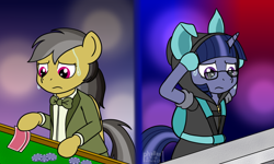 Size: 1500x900 | Tagged: safe, artist:phallen1, character:daring do, oc, oc:midnight oil (daringverse), daringverse, newbie artist training grounds, alternate hairstyle, alternate outfits, alternate universe, atg 2018, bow tie, bunny ears, casino, clothing, costume, dangerous mission outfit, frown, glasses, hoodie, looking down, playing card, poker, split screen, sweat, texas hold'em