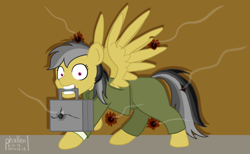 Size: 1500x924 | Tagged: safe, artist:phallen1, derpibooru original, character:daring do, daringverse, newbie artist training grounds, atg 2018, bow tie, briefcase, bullet hole, clothing, mouth hold, simple background, smoke, suit, teeth, traumatized