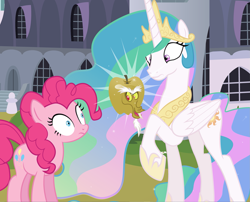 Size: 1691x1368 | Tagged: safe, artist:mlp-silver-quill, character:discord, character:pinkie pie, character:princess celestia, apple, apple of discord, food, golden apple, pun, visual gag, wat