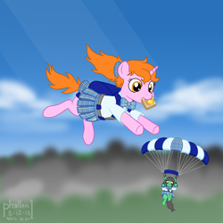 Size: 1500x1500 | Tagged: safe, artist:phallen1, oc, oc only, oc:maya northwind, oc:sadie michaels, species:earth pony, species:pony, species:unicorn, newbie artist training grounds, atg 2018, backpack, bow, bow tie, bread, clothing, falling, female, food, hair bow, looking down, panties, parachute, plaid, plaid skirt, pleated skirt, ponified oc, ponytail, school uniform, schoolgirl toast, skirt, skirt lift, skydiving, solo focus, tail bow, tartan, toast, underwear, upskirt, white underwear