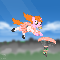 Size: 1500x1500 | Tagged: safe, alternate version, artist:phallen1, oc, oc only, oc:maya northwind, oc:sadie michaels, species:earth pony, species:pony, species:unicorn, newbie artist training grounds, atg 2018, backpack, bow, bow tie, bread, clothing, falling, female, food, hair bow, looking down, panties, parachute, pleated skirt, ponified oc, ponytail, sailor uniform, school uniform, schoolgirl toast, shoes, skirt, skirt lift, skydiving, socks, solo focus, tail bow, toast, underwear, upskirt, white underwear