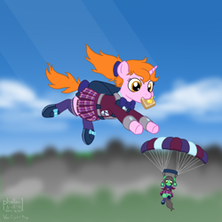 Size: 1500x1500 | Tagged: safe, alternate version, artist:phallen1, oc, oc only, oc:maya northwind, oc:sadie michaels, species:earth pony, species:pony, species:unicorn, newbie artist training grounds, atg 2018, backpack, bow, bow tie, bread, clothing, crystal prep academy uniform, crystal prep shadowbolts, falling, female, food, hair bow, looking down, panties, parachute, pleated skirt, ponified oc, ponytail, school uniform, schoolgirl toast, shoes, skirt, skirt lift, skydiving, socks, solo focus, tail bow, toast, underwear, upskirt, white underwear