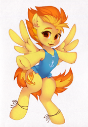 Size: 1280x1836 | Tagged: safe, artist:share dast, character:spitfire, species:pegasus, species:pony, bipedal, clothing, commission, cute, cutefire, cutie mark, female, looking at you, mare, one-piece swimsuit, ribbon, simple background, smiling, solo, spread wings, swimsuit, t pose, white background, wings