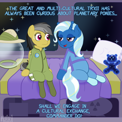 Size: 1500x1500 | Tagged: safe, artist:phallen1, character:daring do, character:trixie, alien pony, species:pegasus, species:pony, daringverse, newbie artist training grounds, alien, alternate universe, atg 2018, bed, bedroom eyes, bicorn, bodysuit, boots, clothing, duo, duo female, female, flirting, hat, jumpsuit, looking at each other, nuclear weapon, pillow, pith helmet, shoes, space, space helmet, space pony, space suit, starry eyes, stars, sweat, sweatdrop, teddy bear, text, ursa minor, ursa plush, weapon, wingding eyes