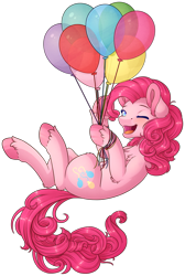 Size: 1013x1508 | Tagged: safe, artist:ak4neh, character:pinkie pie, species:earth pony, species:pony, balloon, chest fluff, cute, diapinkes, ear fluff, featured on derpibooru, female, floating, leg fluff, mare, one eye closed, open mouth, simple background, solo, then watch her balloons lift her up to the sky, transparent background, unshorn fetlocks, wink