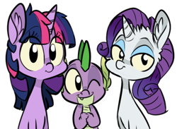 Size: 500x365 | Tagged: safe, artist:xenon, character:rarity, character:spike, character:twilight sparkle, looking at you