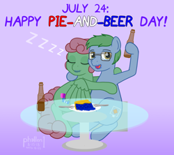 Size: 1352x1202 | Tagged: safe, artist:phallen1, oc, oc only, oc:software patch, oc:windcatcher, newbie artist training grounds, alcohol, atg 2018, beer, cheers, crumbs, drunk, food, fork, gradient background, holiday, hug, pie, pun, simple background, sitting, sleeping, table, windpatch