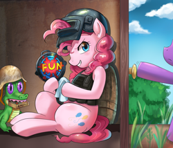 Size: 800x686 | Tagged: safe, artist:tzc, character:gummy, character:pinkie pie, character:twilight sparkle, species:earth pony, species:pony, alligator, body armor, crossover, female, frying pan, helmet, mare, offscreen character, pet, playerunknown's battlegrounds, video game