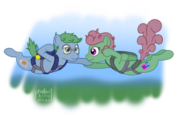 Size: 1500x1000 | Tagged: safe, artist:phallen1, oc, oc only, oc:software patch, oc:windcatcher, species:earth pony, species:pegasus, species:pony, newbie artist training grounds, atg 2018, couple, duo, falling, female, holding hooves, looking at each other, male, mare, simple background, stallion, transparent background, windpatch