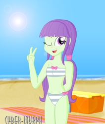Size: 2440x2880 | Tagged: safe, artist:cyber-murph, character:starlight, equestria girls:forgotten friendship, g4, my little pony: equestria girls, my little pony:equestria girls, background human, bandeau, beach, belly, belly button, bikini, bow, breasts, clothing, cooler, delicious flat chest, female, midriff, one eye closed, peace sign, pigtails, signature, solo, starlight, swimsuit, towel, wink