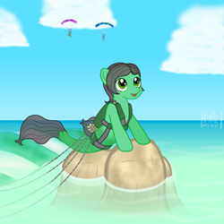 Size: 1500x1500 | Tagged: safe, alternate version, artist:phallen1, derpibooru original, oc, oc only, oc:sadie michaels, species:pony, species:seapony (g4), newbie artist training grounds, atg 2018, character swap, female, harness, mare, parachute, ponified oc, seaponified, solo, species swap, tack, the little mermaid