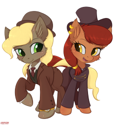 Size: 2146x2308 | Tagged: safe, artist:orang111, oc, oc only, oc:brass bolts, oc:perseus, species:earth pony, species:pony, species:unicorn, brasseus, clothing, daybreak island, ear piercing, earring, hat, jewelry, pants, piercing, pocket watch, shipping, simple background, suit, transparent background
