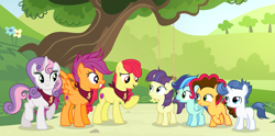 Size: 3149x1565 | Tagged: safe, artist:velveagicsentryyt, character:apple bloom, character:scootaloo, character:sweetie belle, oc, oc:party pie, oc:rainbow blitzes, oc:spectrum night, oc:starling, parent:cheese sandwich, parent:fancypants, parent:pinkie pie, parent:rainbow dash, parent:rarity, parent:soarin', parents:cheesepie, parents:cometdancer, parents:raripants, parents:soarindash, species:earth pony, species:pegasus, species:pony, species:unicorn, colt, cutie mark crusaders, female, filly, male, offspring, older