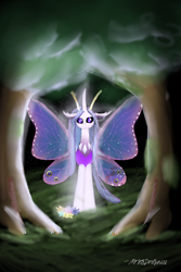 Size: 1200x1800 | Tagged: safe, artist:mr100dragon100, character:queen chrysalis, species:changeling, species:reformed changeling, butterfly, light, reformed, tree