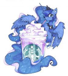 Size: 1280x1426 | Tagged: safe, artist:lispp, artist:share dast, character:princess luna, species:alicorn, species:pony, cute, drink, drinking, drinking straw, ear fluff, ethereal mane, female, food, frappuccino, galaxy mane, looking at you, lunabetes, mare, simple background, solo, spread wings, starbucks, straw, traditional art, unicorn frappuccino, whipped cream, white background, wings