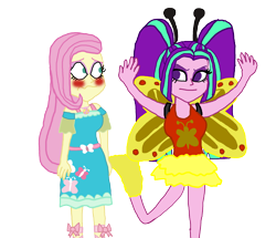 Size: 2200x1895 | Tagged: safe, artist:bigpurplemuppet99, character:aria blaze, character:fluttershy, ship:ariashy, g4, my little pony: equestria girls, my little pony:equestria girls, blushing, butterfly wings, clothing, costume, female, flutterblaze, lesbian, seductive, shipping, simple background, transparent background