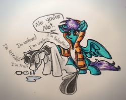 Size: 1275x1013 | Tagged: safe, artist:smirk, oc, oc only, species:pegasus, species:pony, species:unicorn, clothing, comfort, crying, dialogue, glasses, hoodie, traditional art