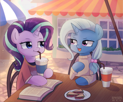 Size: 1800x1500 | Tagged: safe, artist:tcn1205, character:starlight glimmer, character:trixie, species:pony, species:unicorn, g4, baubles, bendy straw, book, clothing, cute, diatrixes, drink, drinking straw, duo, eyebrows, female, food, glimmerbetes, hair tie, horn, looking at each other, mare, open mouth, outdoors, plate, sandwich, shirt, sipping, sitting, smiling, straw, sweater, three quarter view, undershirt