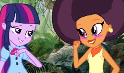 Size: 2864x1688 | Tagged: safe, artist:bigpurplemuppet99, base used, character:saffron masala, character:twilight sparkle, my little pony:equestria girls, afro, blushing, equestria girls-ified, female, lesbian, shipping, twiffron