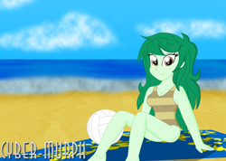 Size: 4192x2992 | Tagged: safe, artist:cyber-murph, character:wallflower blush, equestria girls:forgotten friendship, g4, my little pony: equestria girls, my little pony:equestria girls, beach, blanket, breasts, busty wallflower blush, cleavage, clothing, cute, flowerbetes, freckles, looking at you, one-piece swimsuit, sand, signature, sitting, sports, swimsuit, volleyball
