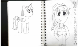 Size: 2100x1275 | Tagged: safe, artist:nightshadowmlp, character:applejack, character:twilight sparkle, character:twilight sparkle (alicorn), species:alicorn, species:pony, grayscale, monochrome, sketchbook, traditional art