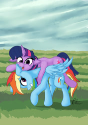 Size: 2480x3507 | Tagged: safe, artist:cafecomponeis, character:rainbow dash, character:twilight sparkle, species:pegasus, species:pony, species:unicorn, ship:twidash, adorkable, cuddling, cute, dashabetes, derp, dork, female, grass field, lesbian, mare, playing, ponies riding ponies, shipping, silly, silly pony, twiabetes
