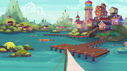 Size: 10659x6000 | Tagged: safe, artist:dragonchaser123, episode:friendship university, g4, my little pony: friendship is magic, absurd resolution, background, boat, harbor, lighthouse, no pony, ocean, partly cloudy, pier, scenery, seaward shoals, stilts, town, vector