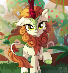 Size: 1400x1500 | Tagged: safe, artist:tcn1205, character:autumn blaze, species:kirin, episode:sounds of silence, g4, my little pony: friendship is magic, awwtumn blaze, cute, female, leonine tail, looking at you, raised hoof, smiling, solo, weapons-grade cute