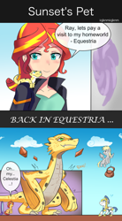 Size: 600x1088 | Tagged: safe, artist:tzc, character:derpy hooves, character:ray, character:sunset shimmer, species:dragon, species:pegasus, species:pony, species:unicorn, my little pony:equestria girls, clothing, comic, dialogue, dragonified, jacket, leather jacket, leopard gecko, portal, ray, royal guard, single page comic, species swap, speech bubble, text, wyvern